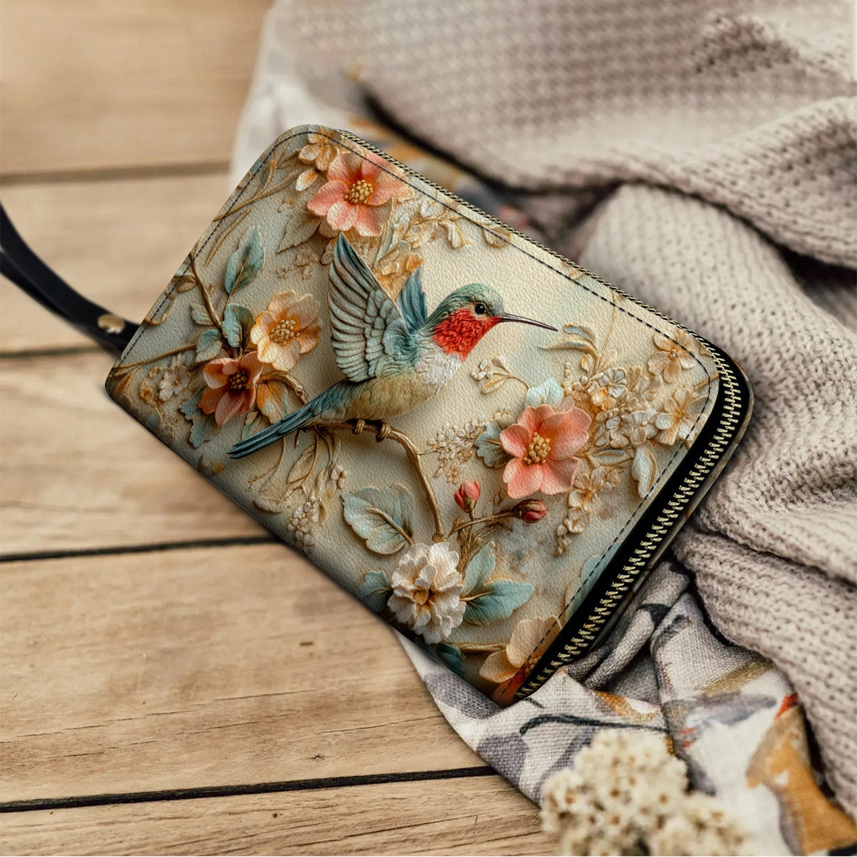 Shineful Leather Clutch Purse With Wristlet Strap Handle Hummingbird Whisper