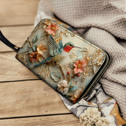 Shineful Leather Clutch Purse With Wristlet Strap Handle Hummingbird Whisper