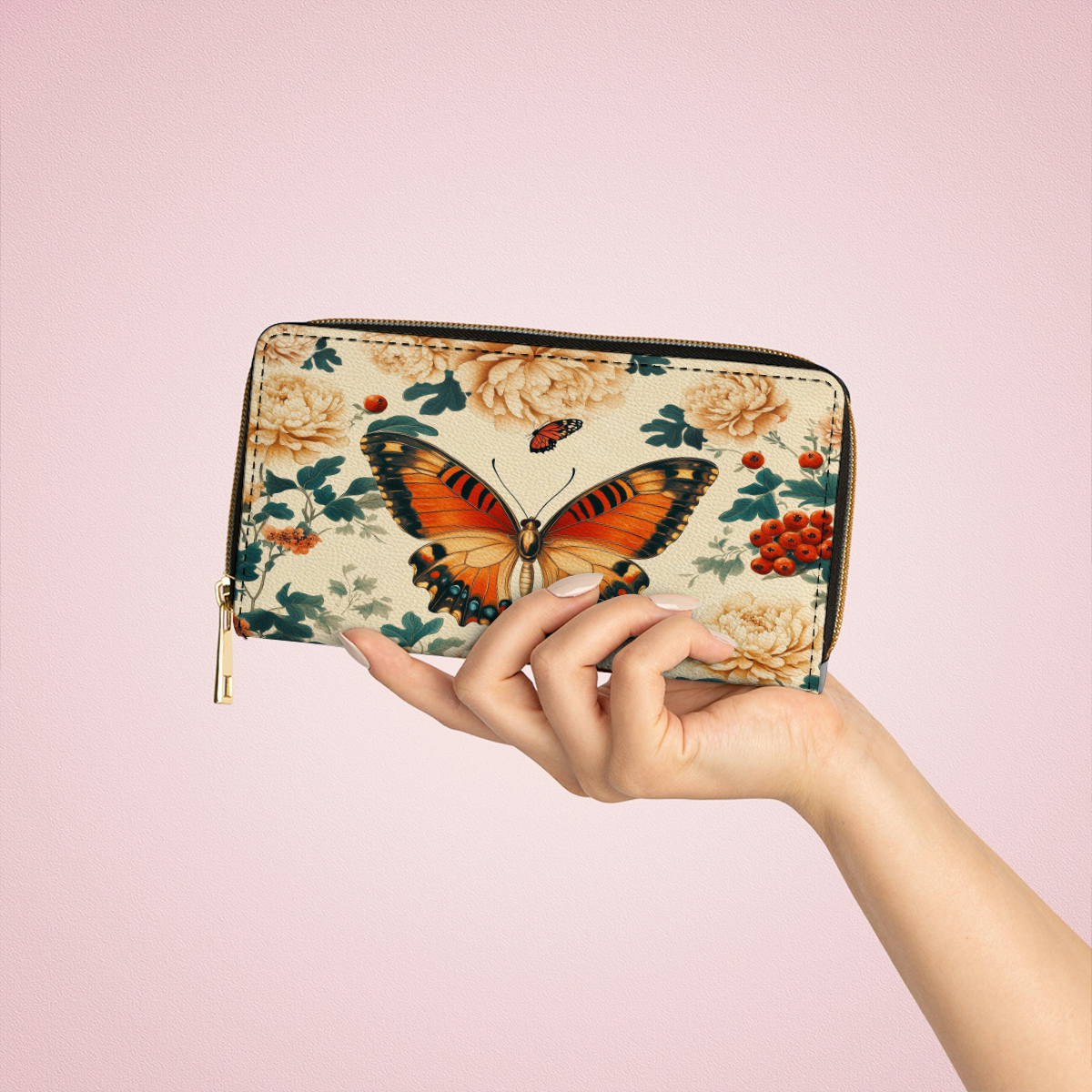 Shineful Leather Clutch Purse With Wristlet Strap Handle Enchanted Autumn Butterfly