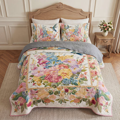 Shineful All Season Quilt 3-Piece Set Floral Hummingbird Garden