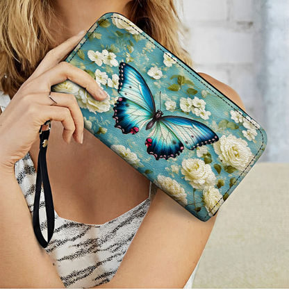 Shineful Leather Clutch Purse With Wristlet Strap Handle Frosty Winter Butterfly