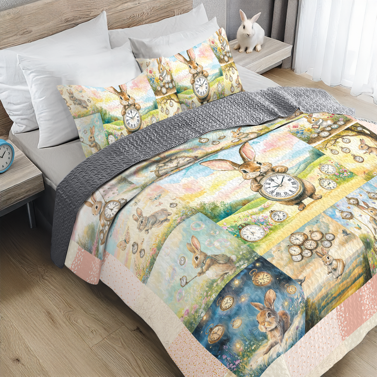 Shineful All Season Quilt 3-Piece Set Tick-Tock Woodland Rabbit