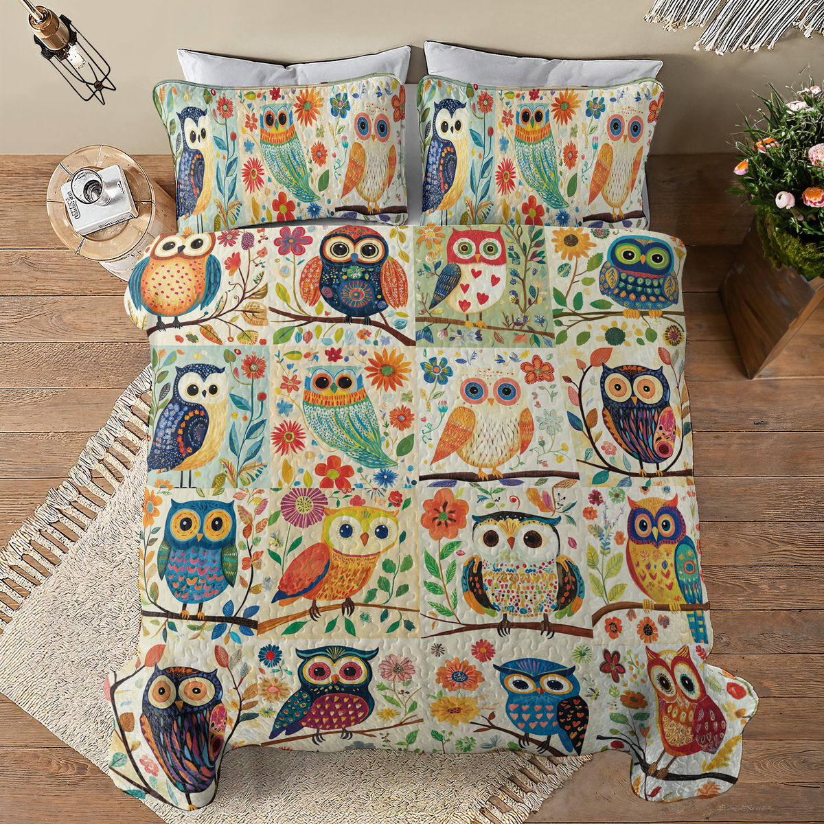 Shineful All Season Quilt 3-Piece Set Pretty Flowers Owl