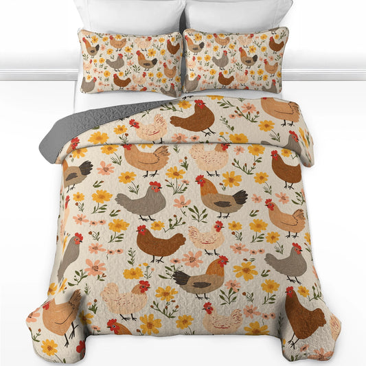 Shineful All Season Quilt 3-Piece Set - Chicken Floral Cluckin' Cozy