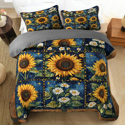 Shineful All Season Quilt 3-Piece Set Galaxy Sunflower Blocks