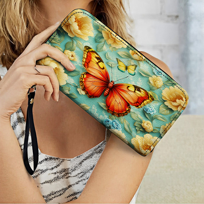 Shineful Leather Clutch Purse With Wristlet Strap Handle Radiant Summer Butterfly