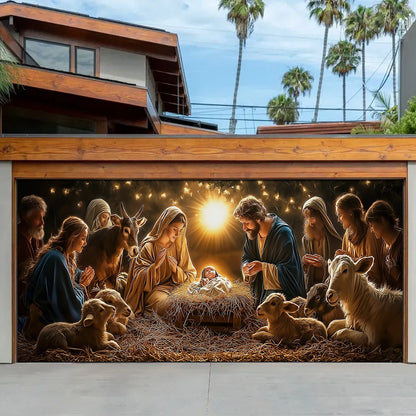 Shineful Garage Door Banner Decoration Peaceful Nativity Scene