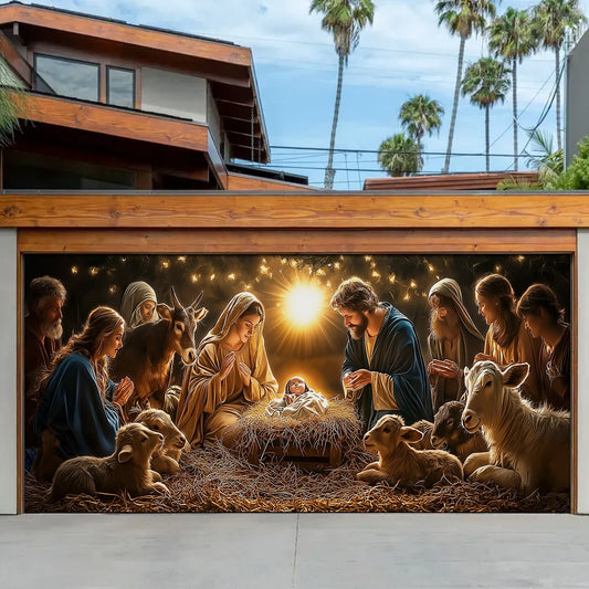 Shineful Garage Door Banner Decoration Peaceful Nativity Scene