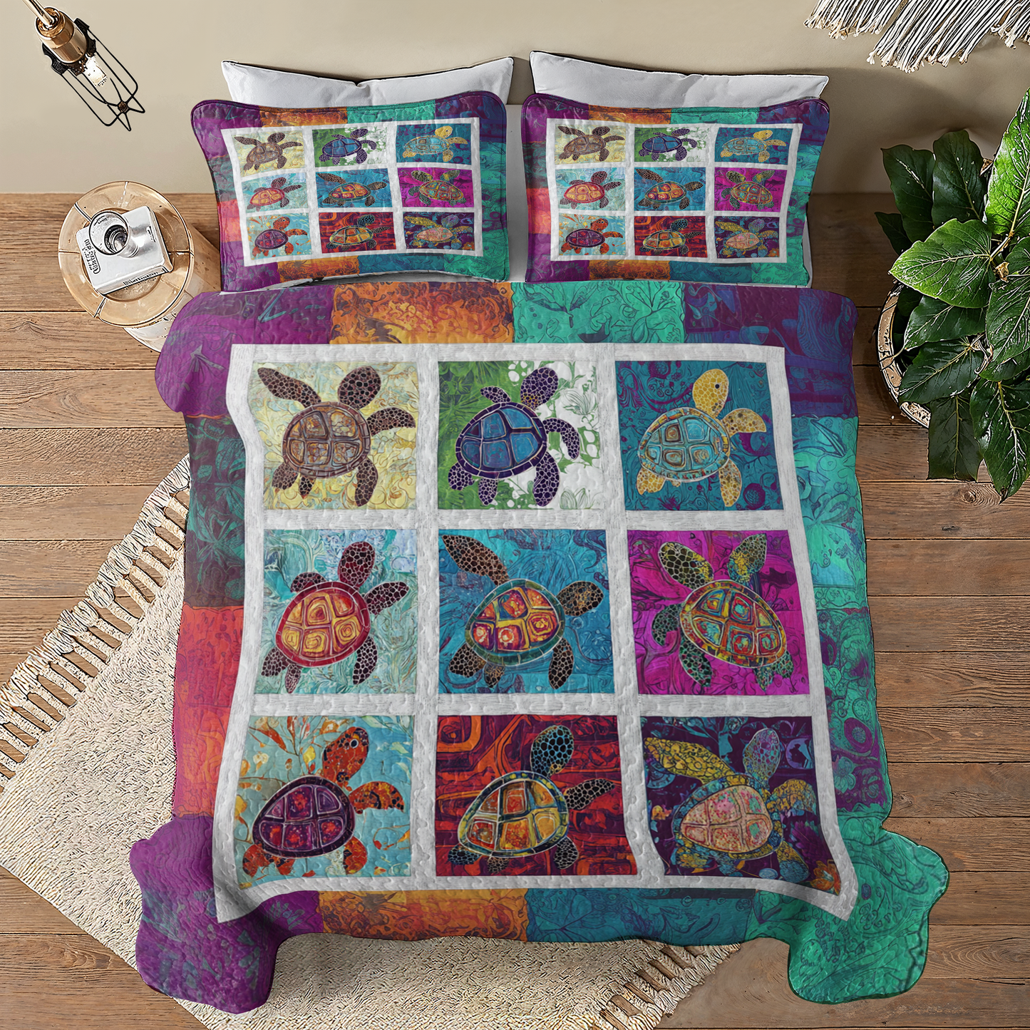 Shineful All Season Quilt 3-Piece Set  Gorgeous Sea Turtle Damask Pattern