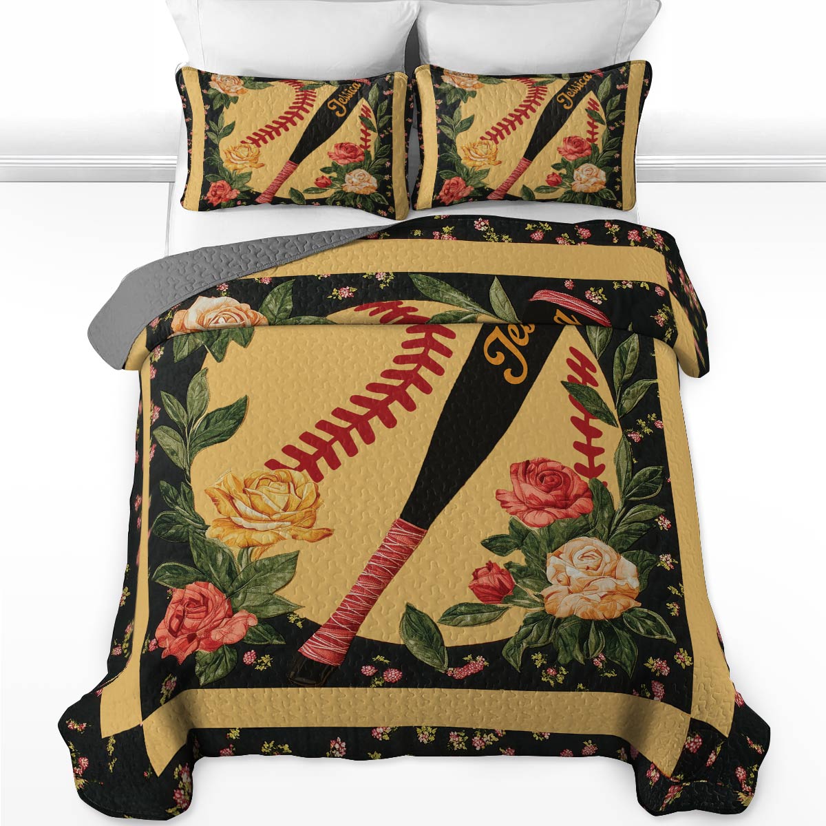 Shineful All Season Quilt 3-Piece Set - Personalized Softball & Foral Fusion