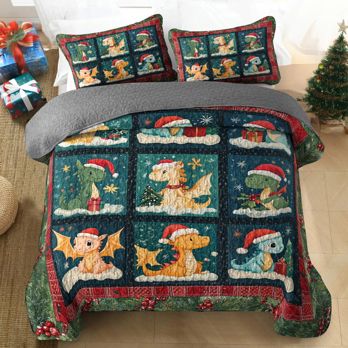 Shineful All Season Quilt 3-Piece Set - Holiday Dragon Delight