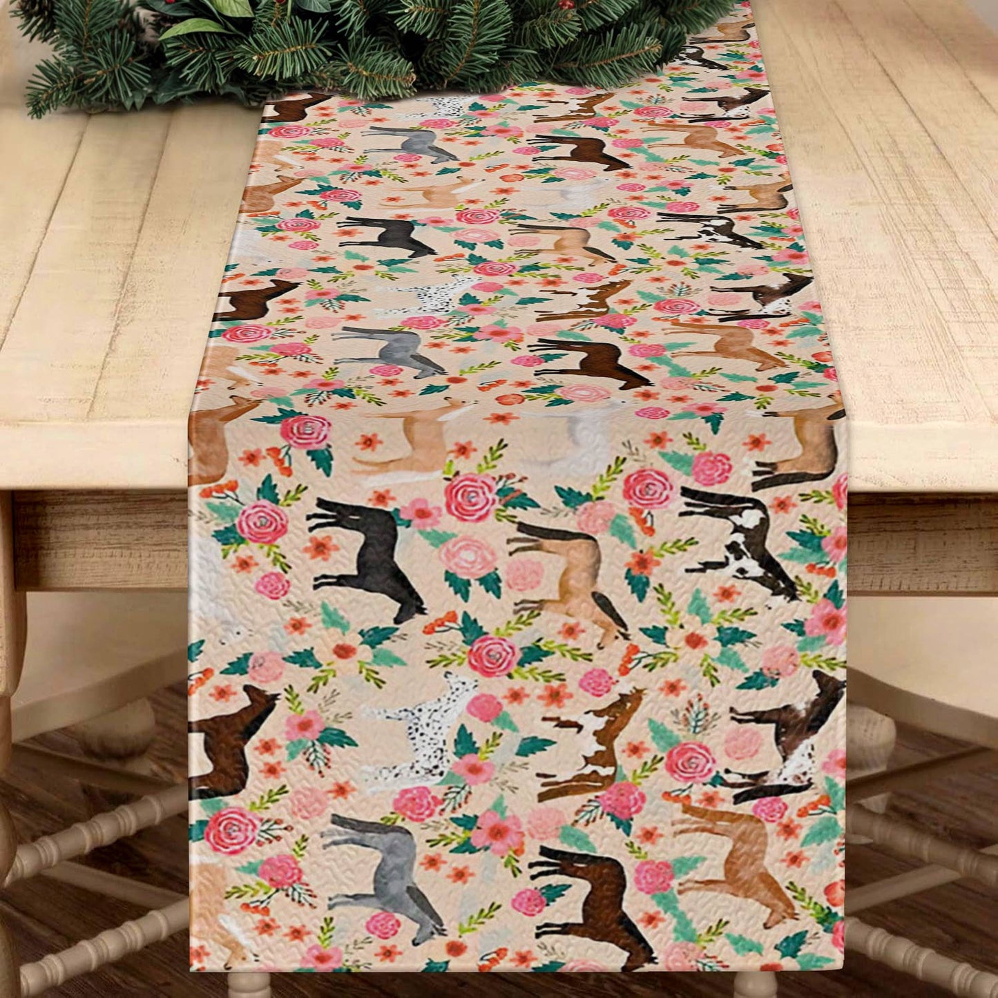 Shineful 2D Flat Print Quilted Table Runner Floral Horses