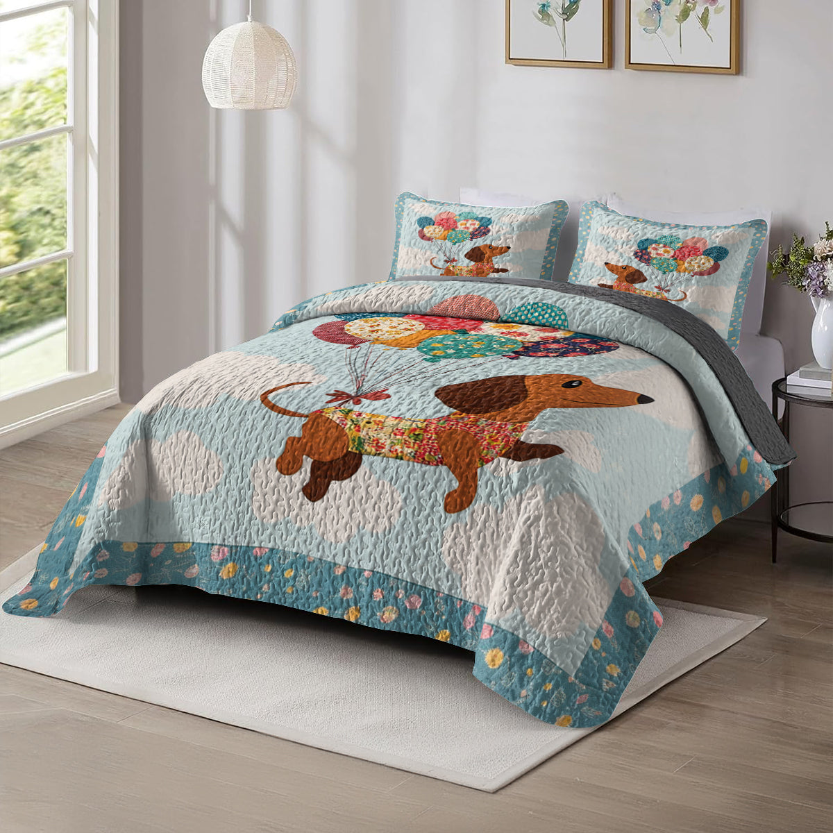 Shineful All Season Quilt 3-Piece Set Dachshund Balloon Ride