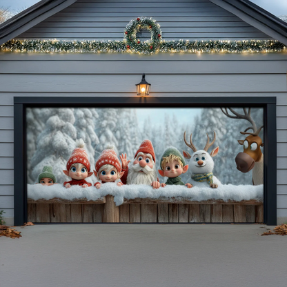 Shineful Garage Door Banner Decoration Elves & Reindeer Holiday Peek