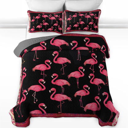 Shineful All Season Quilt 3-Piece Set - Black & Pink Flamingo Chic