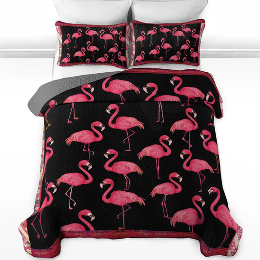 Shineful All Season Quilt 3-Piece Set - Black & Pink Flamingo Chic