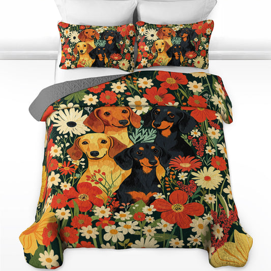 Shineful All Season Quilt 3-Piece Set Happy Floral Dachshund