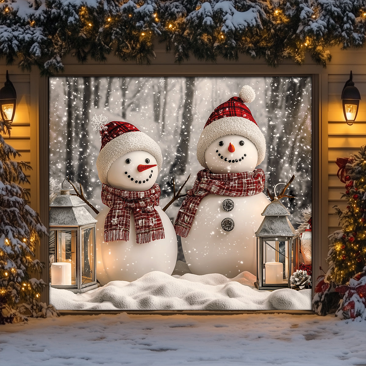Shineful Garage Door Banner Decoration Winter Forest Cheerful Snowman Couple