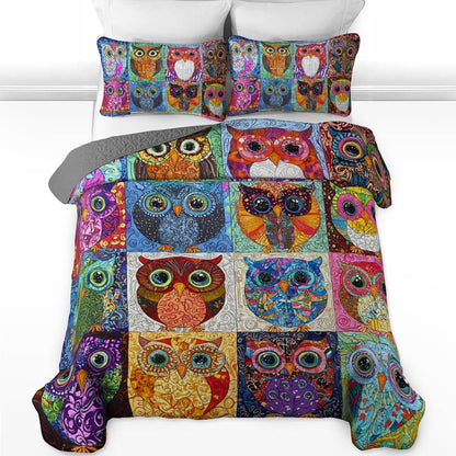 Shineful All Season Quilt 3-Piece Set Colorful Owls World