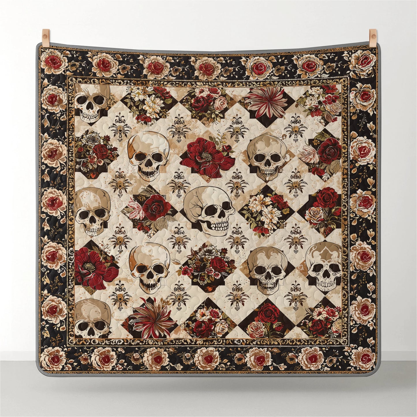 Shineful Quilt 3-Piece Set Elegent Skull Roses