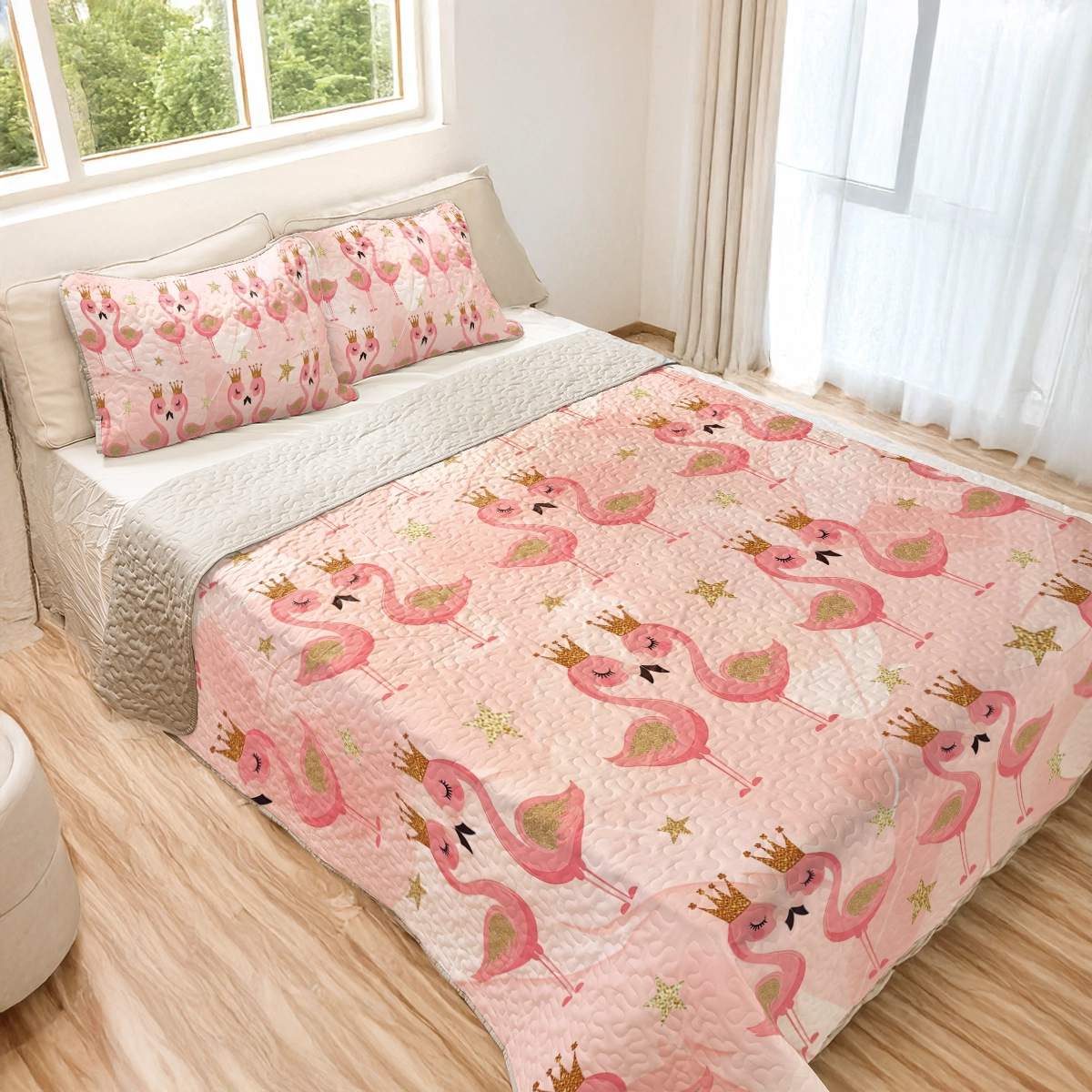 Shineful All Season Quilt 3-Piece Set - Princess Flamingo Dreams