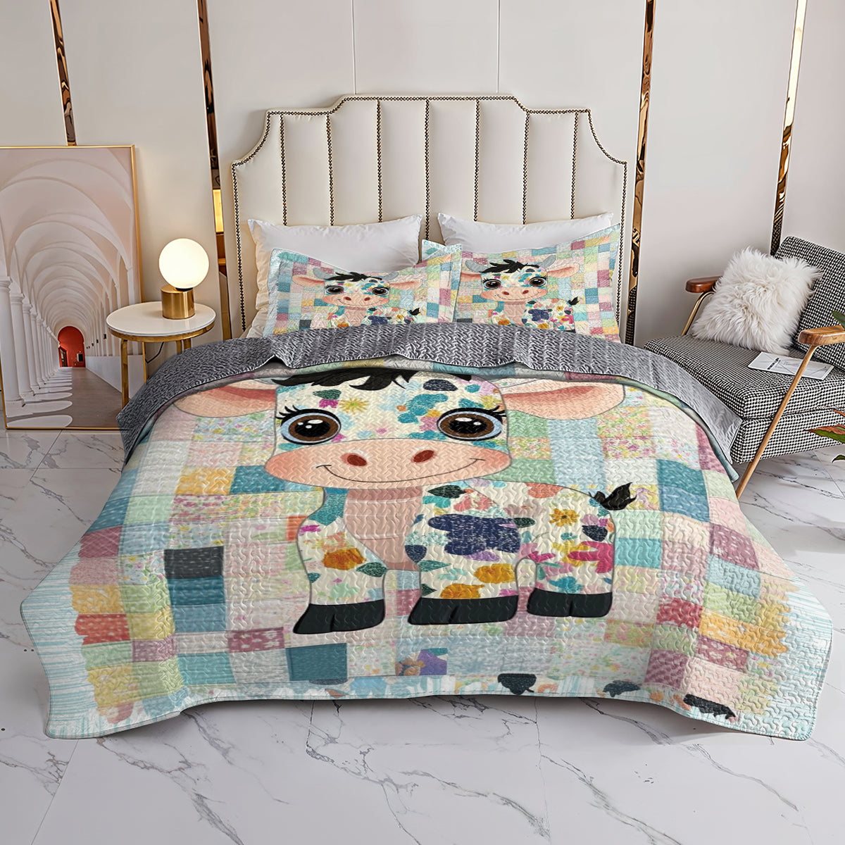 Shineful All Season Quilt 3-Piece Set Adorable Patchwork Cow