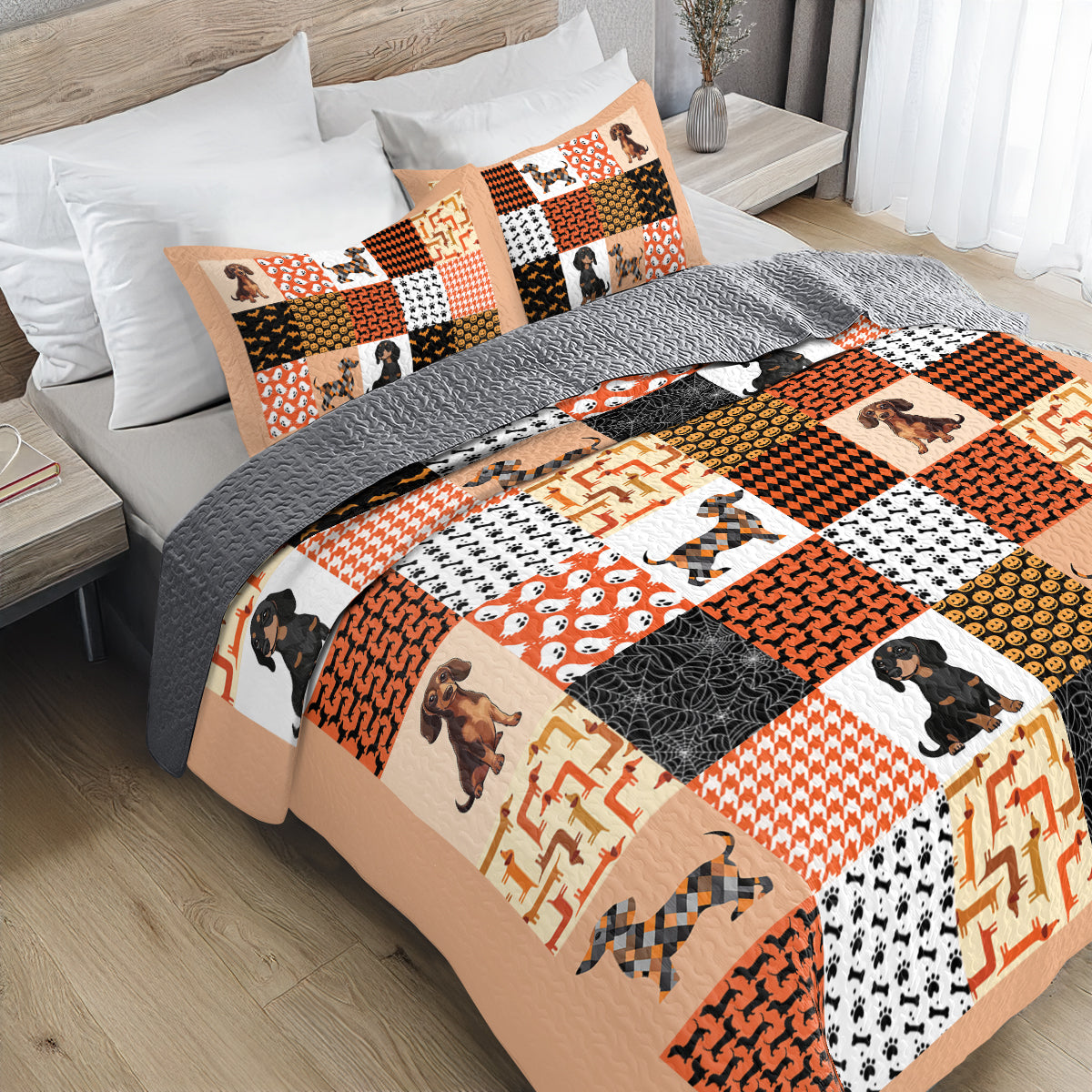Shineful All Season Quilt 3-Piece Set - Cute Dachshund Happy With Halloween