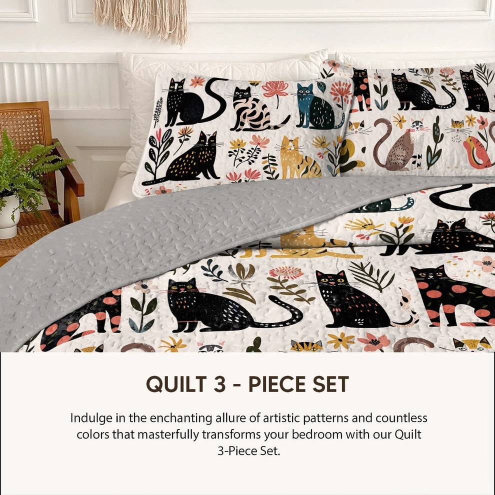 Shineful All Season Quilt 3-Piece Set Botanical Cat Bliss
