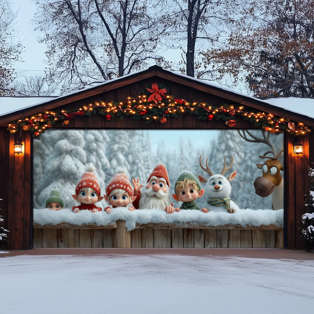 Shineful Garage Door Banner Decoration Elves & Reindeer Holiday Peek