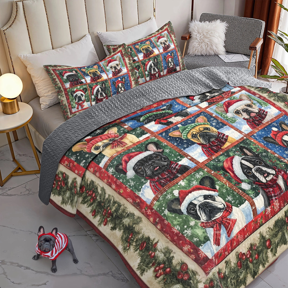 Shineful All Season Quilt 3-Piece Set - French Bulldog Holiday Cheer