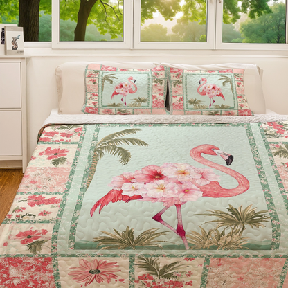 Shineful All Season Quilt 3-Piece Set - Light Pink Tropical Flamingo