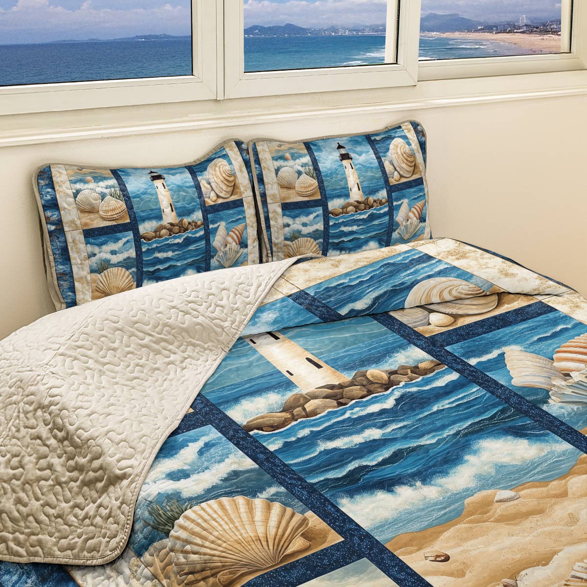 Shineful All Season Quilt 3-Piece Set - Seashells And Lighthouse