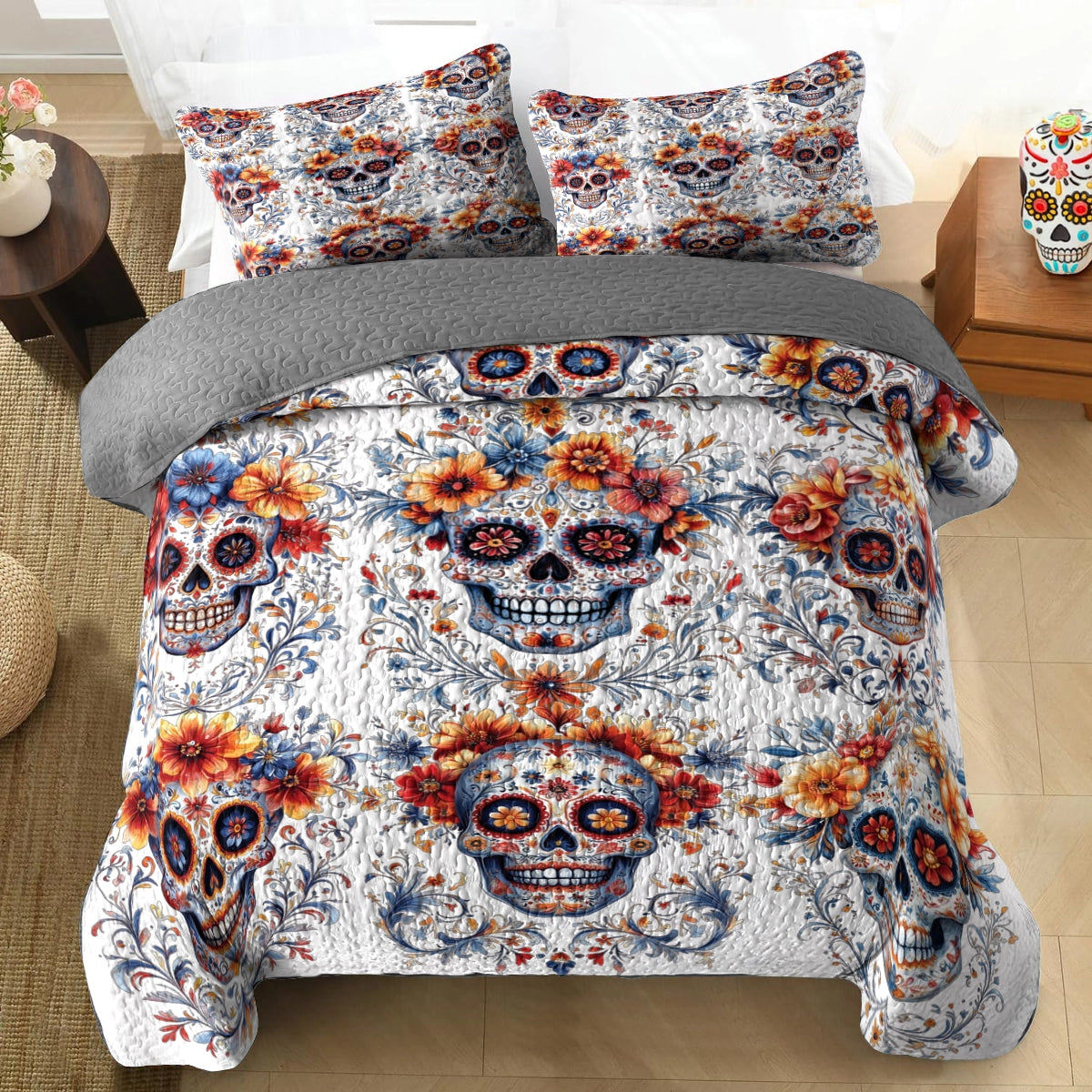 Shineful All Season Quilt 3-Piece Set - Mexican Folk Art Skull