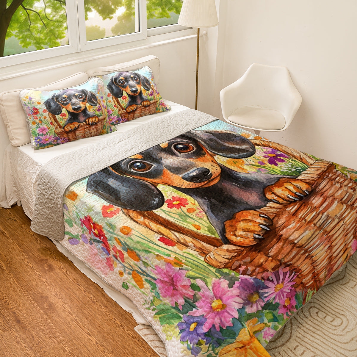 Shineful All Season Quilt 3-Piece Set Dachshund Floral Basket