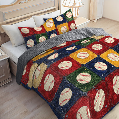 Shineful All Season Quilt 3-Piece Set Vintage Baseball Patchwork