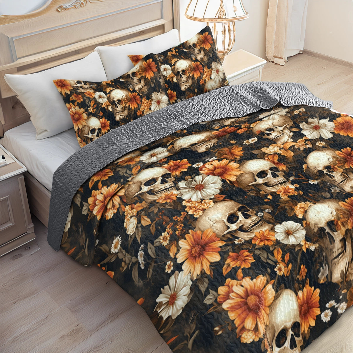 Shineful All Season Quilt 3-Piece Set Skull Memento Floral