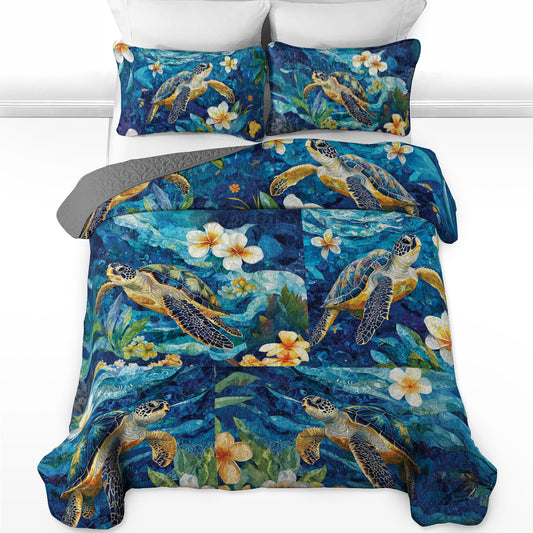 Shineful All Season Quilt 3-Piece Set Plumeria Deep Blue Sea Turtle