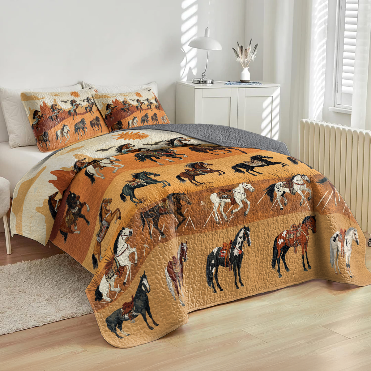 Shineful All Season Quilt 3-Piece Set Native America Horses In Motion
