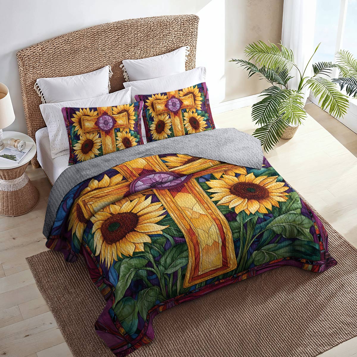 Shineful All Season Quilt 3-Piece Set Stained Sunflower Glass Cross