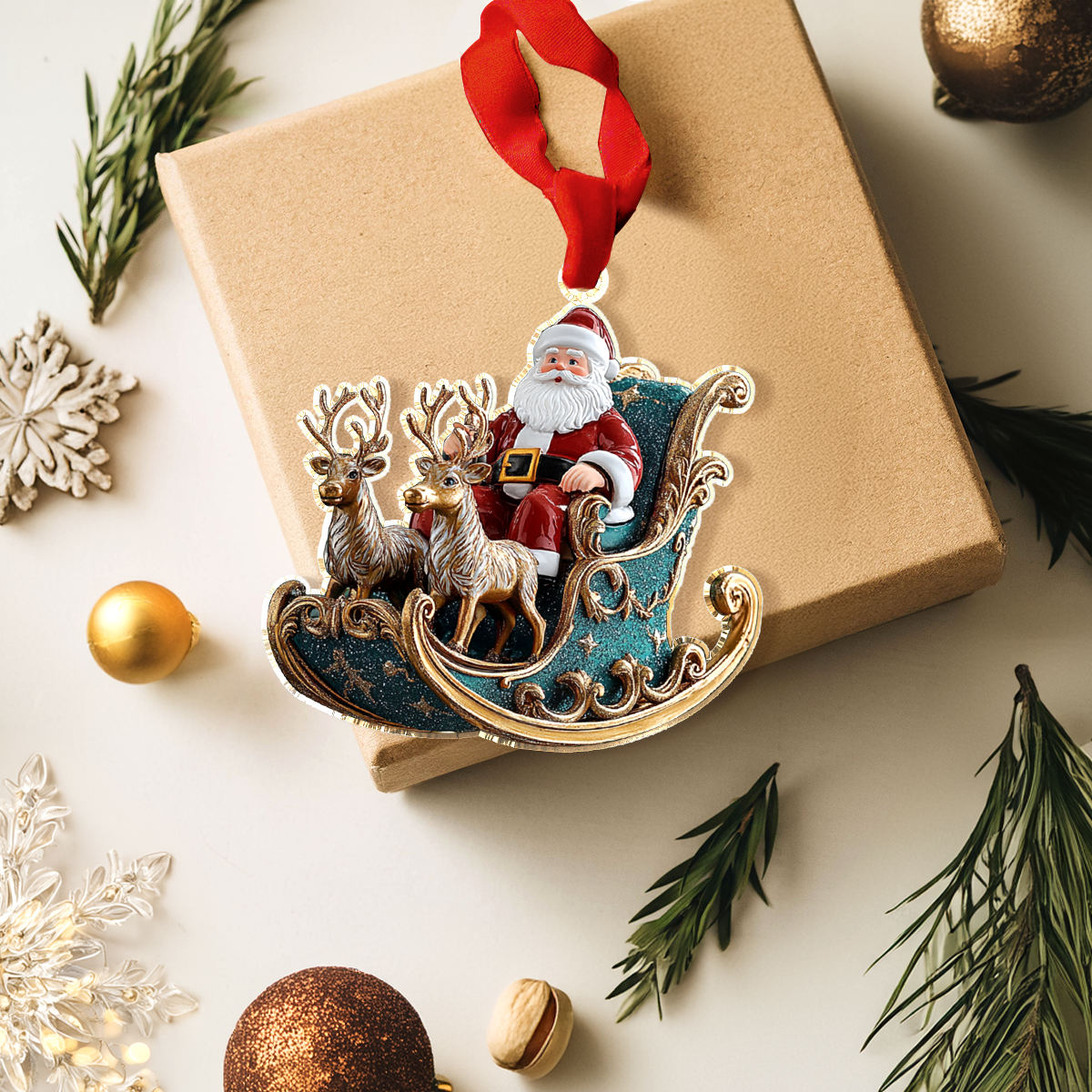Shineful 2D Acrylic Ornament Magical Santa Green Sleigh