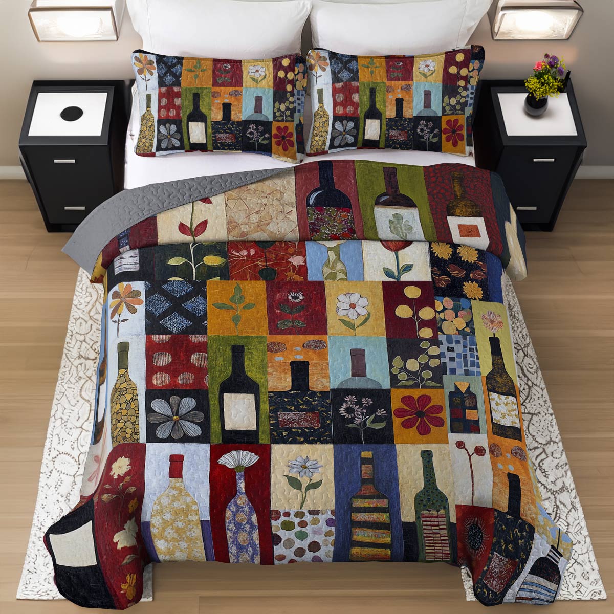 Shineful All Season Quilt 3-Piece Set Classical Wine Bottles