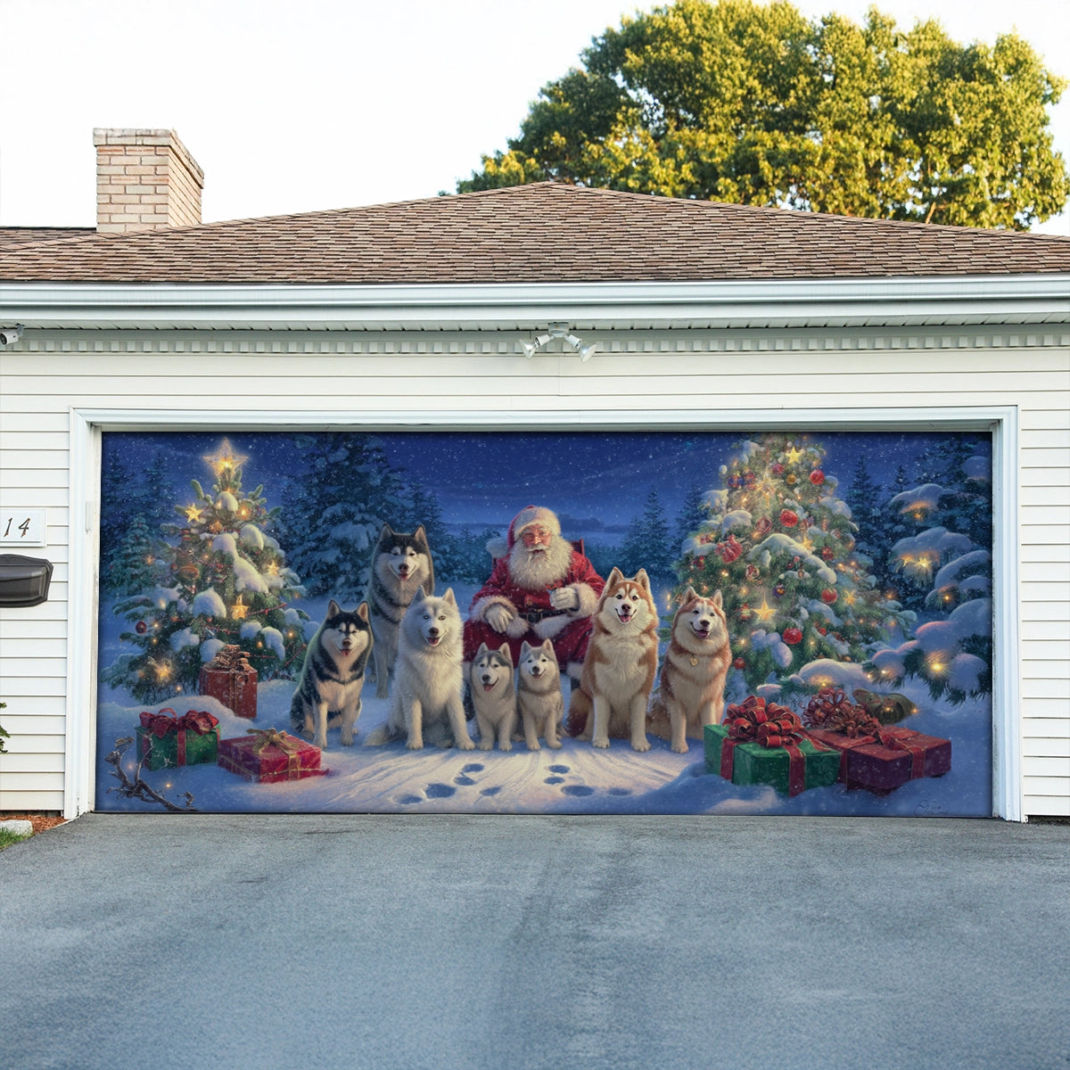 Shineful Garage Door Banner Decoration Santa’s Loyal Husky Guardians