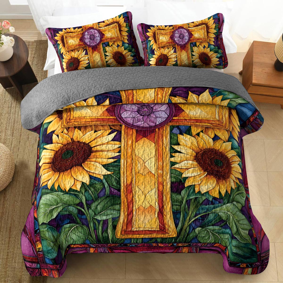 Shineful All Season Quilt 3-Piece Set Stained Sunflower Glass Cross