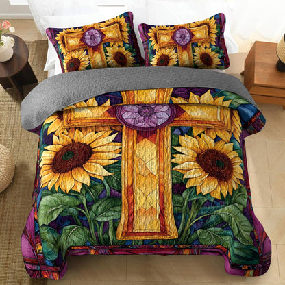 Shineful All Season Quilt 3-Piece Set Stained Sunflower Glass Cross