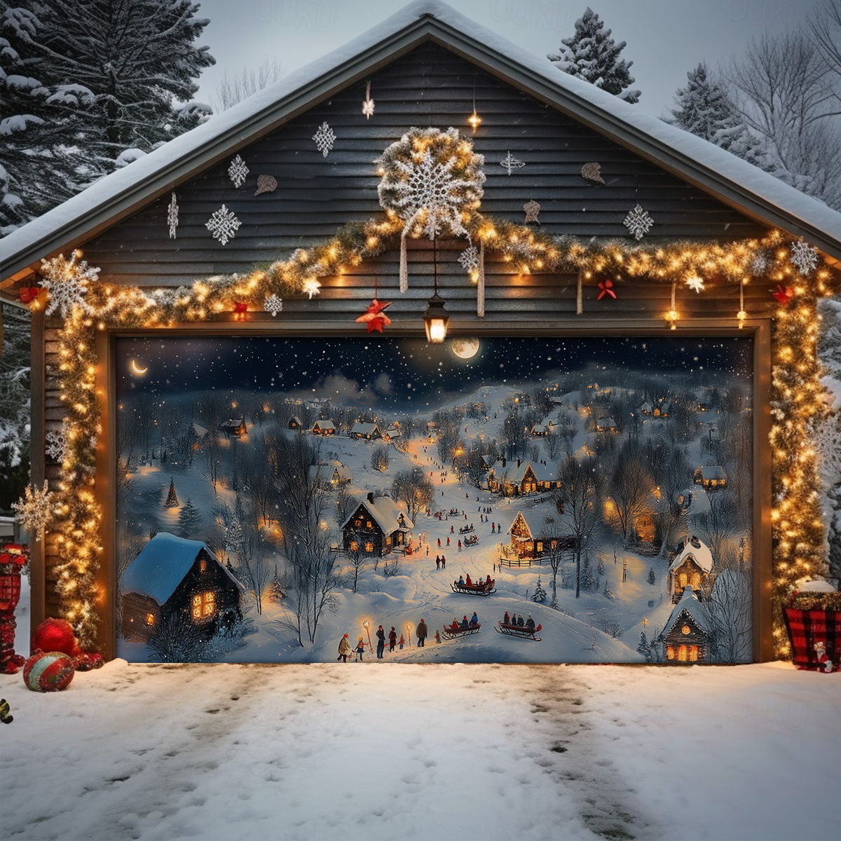 Shineful Garage Door Banner Decoration - Moonlit Village Cheer