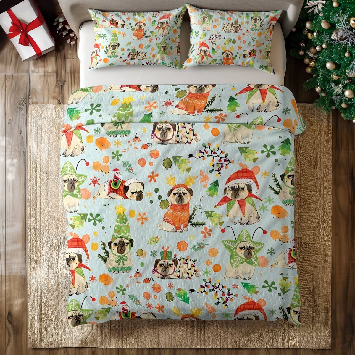 Shineful All Season Quilt 3-Piece Set Santa's Pugs