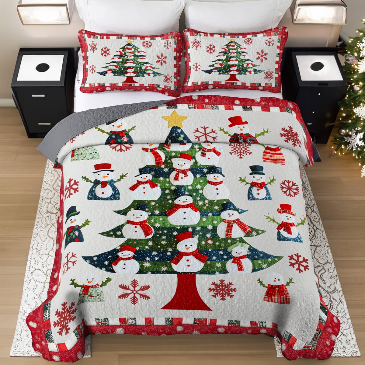 Shineful All Season Quilt 3-Piece Set Stunning Christmas Tree Snowmen