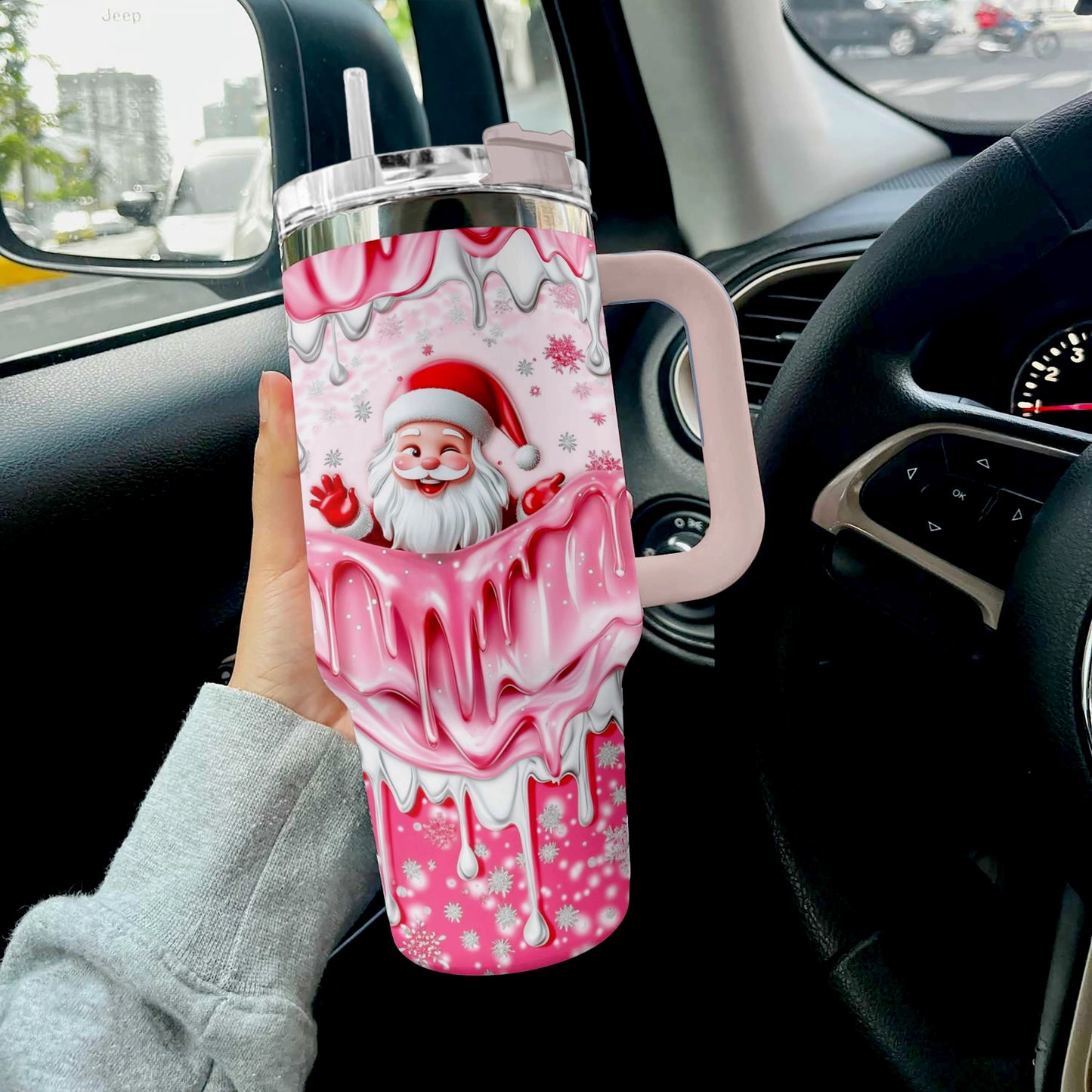 Shineful Glossy Tumbler Santa  Pink Holiday Cheer