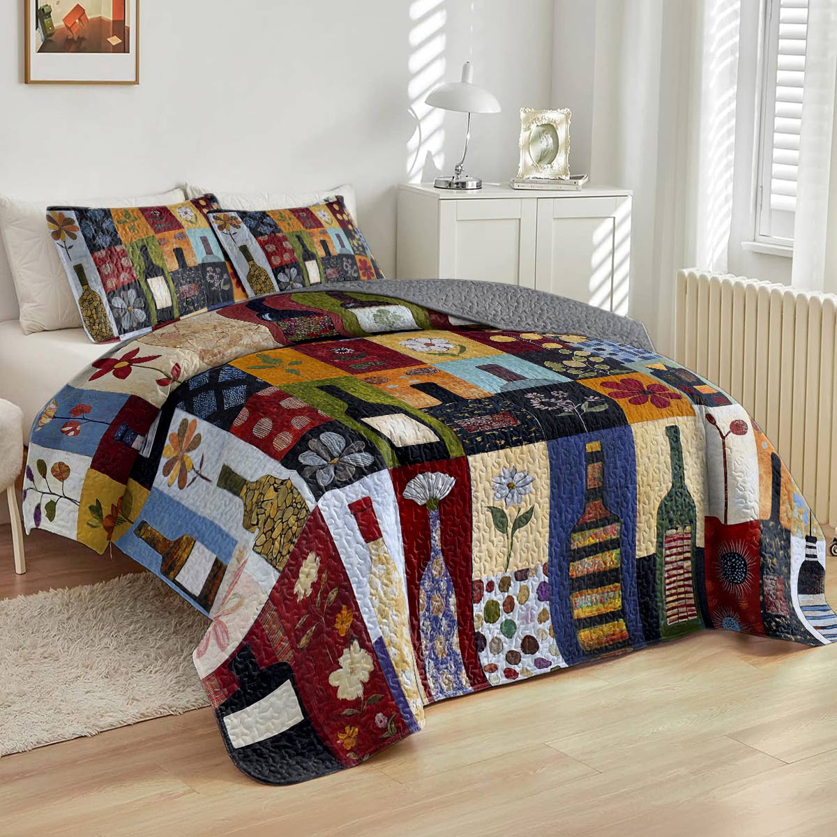 Shineful All Season Quilt 3-Piece Set Classical Wine Bottles