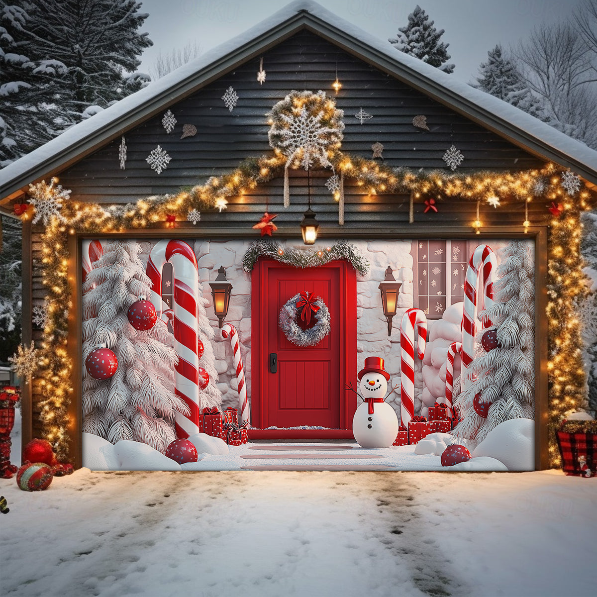 Shineful Garage Door Banner Decoration Snowman Candy Cane